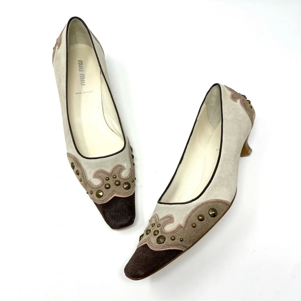 Vintage Miu Miu Y2K Western Suede Kitten Low Heels Pumps Beige Brown Pink 37 7
